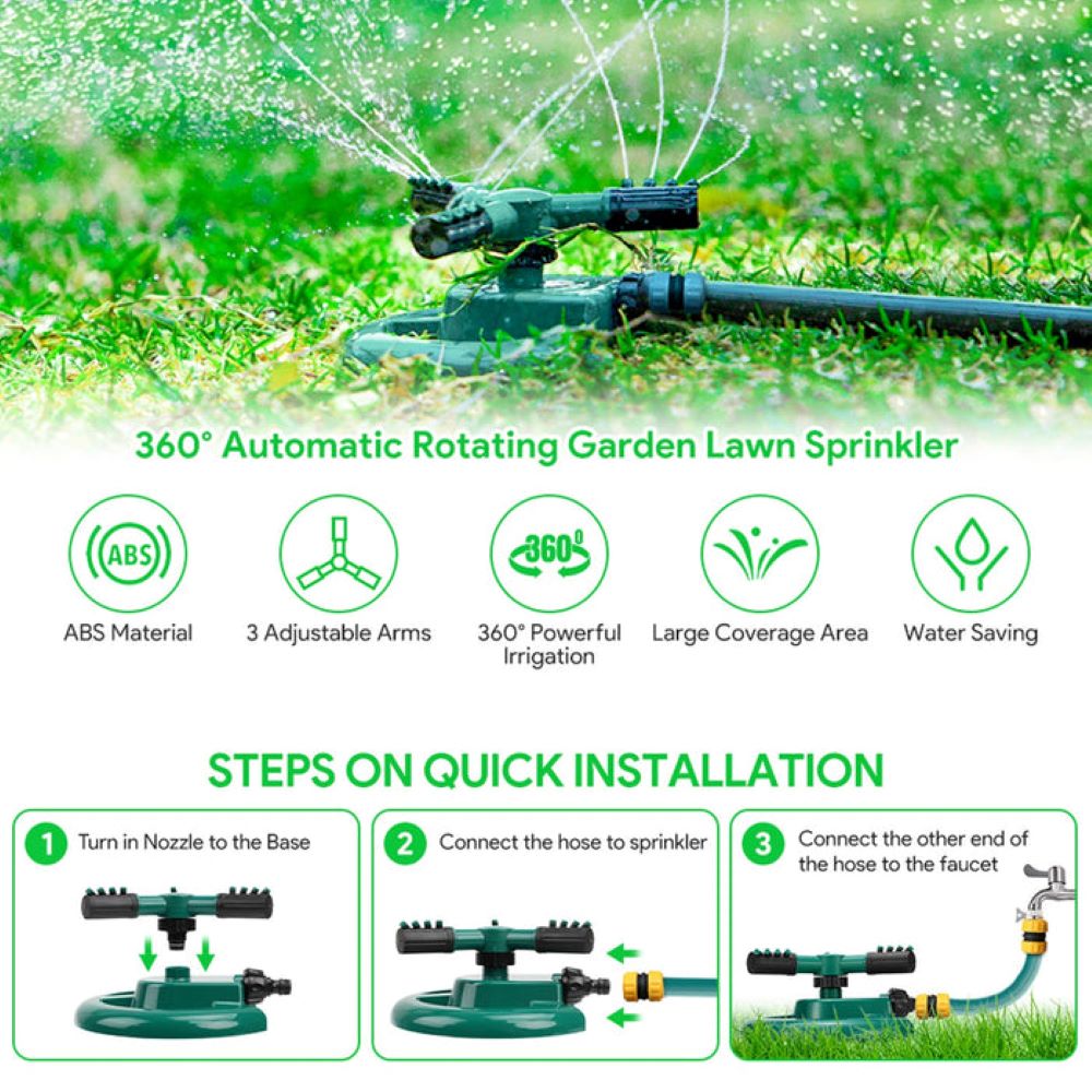 3 Arm Sprinkler for Watering Garden Lawn Yard Irrigation System 360 Degree Sprayer Head Water Saving Device…